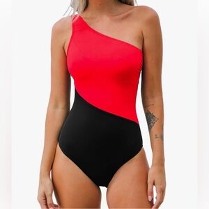 One-Shoulder Red and Black Colorblock One-Piece Swimsuit